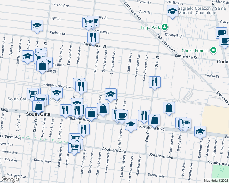 map of restaurants, bars, coffee shops, grocery stores, and more near 3825 Independence Avenue in South Gate