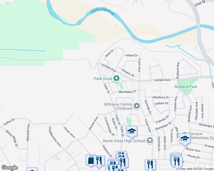 map of restaurants, bars, coffee shops, grocery stores, and more near 7045 Idyllwild Lane in Riverside