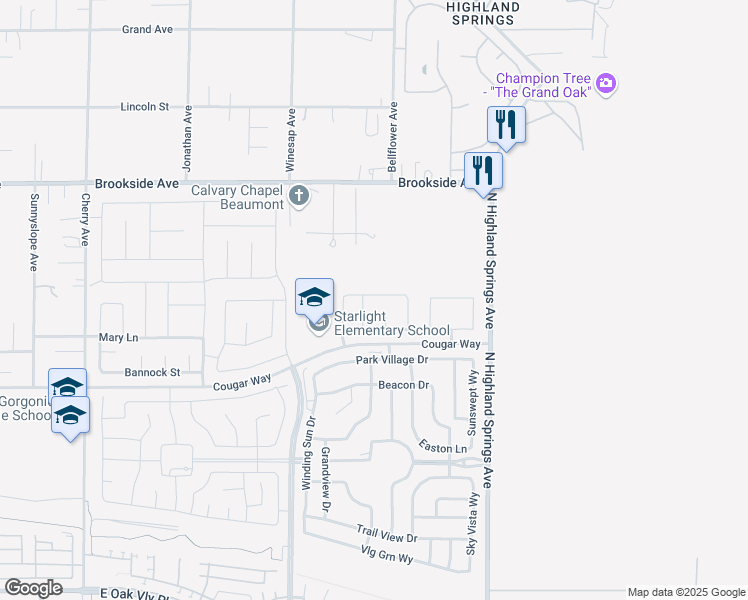 map of restaurants, bars, coffee shops, grocery stores, and more near 1591 Chinook Street in Beaumont