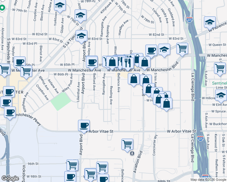 map of restaurants, bars, coffee shops, grocery stores, and more near 8812 Reading Avenue in Los Angeles