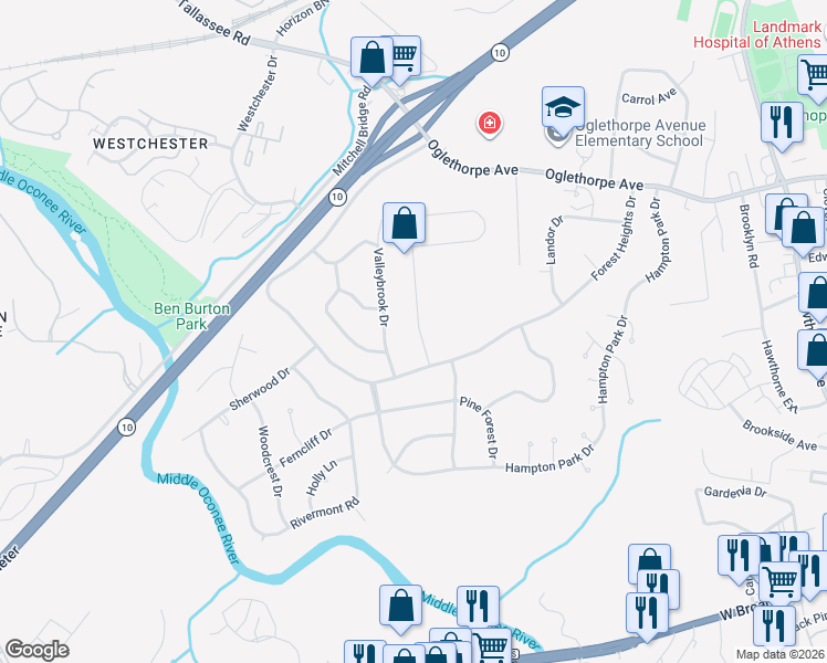 map of restaurants, bars, coffee shops, grocery stores, and more near 110 Valleybrook Drive in Athens