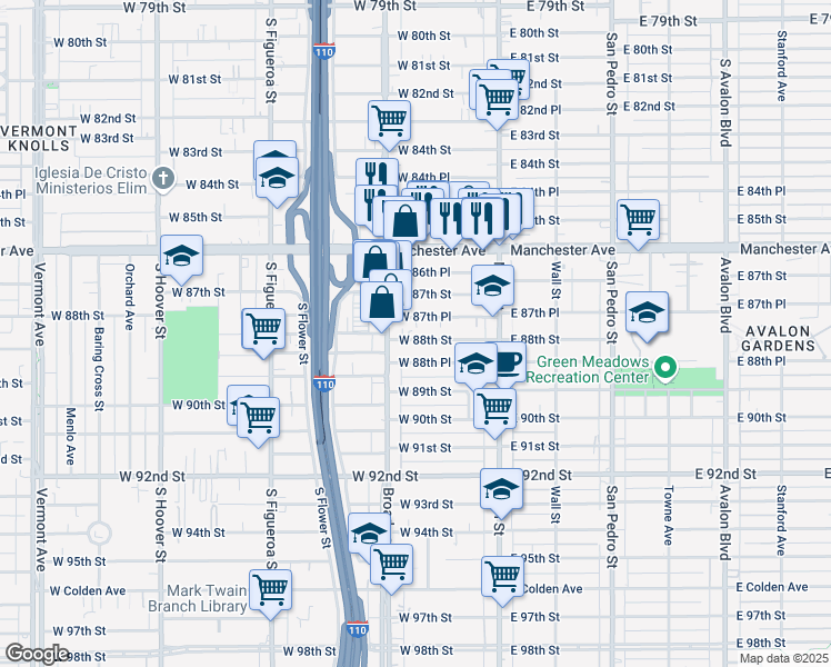 map of restaurants, bars, coffee shops, grocery stores, and more near 231 West 88th Street in Los Angeles