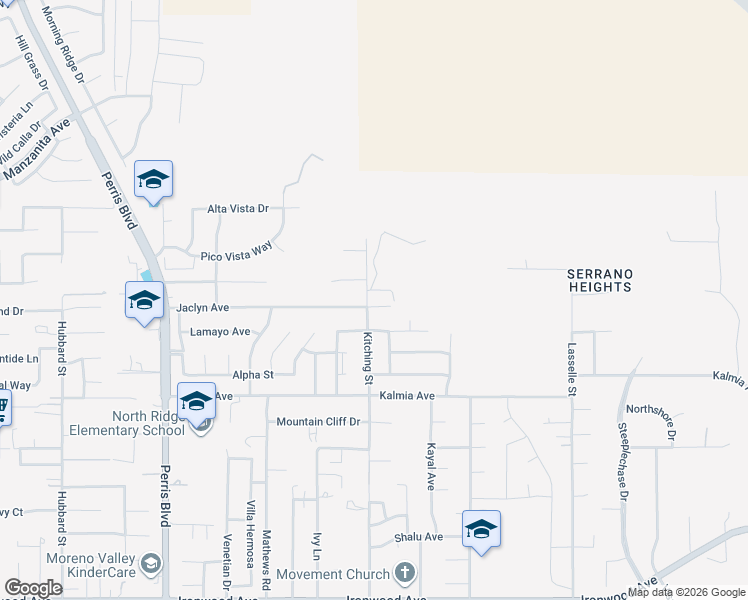 map of restaurants, bars, coffee shops, grocery stores, and more near 25503 Jaclyn Avenue in Moreno Valley