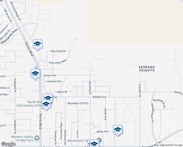 map of restaurants, bars, coffee shops, grocery stores, and more near 25503 Jaclyn Avenue in Moreno Valley