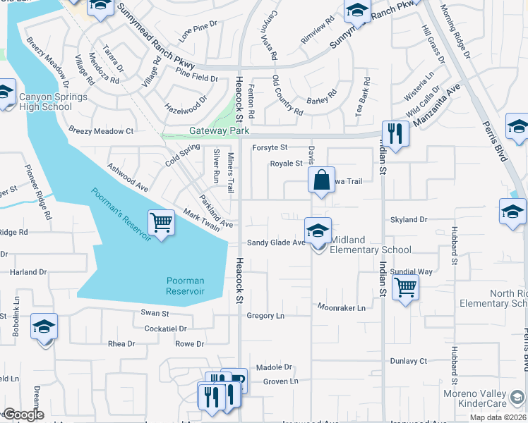 map of restaurants, bars, coffee shops, grocery stores, and more near 24044 Roseleaf Place in Moreno Valley