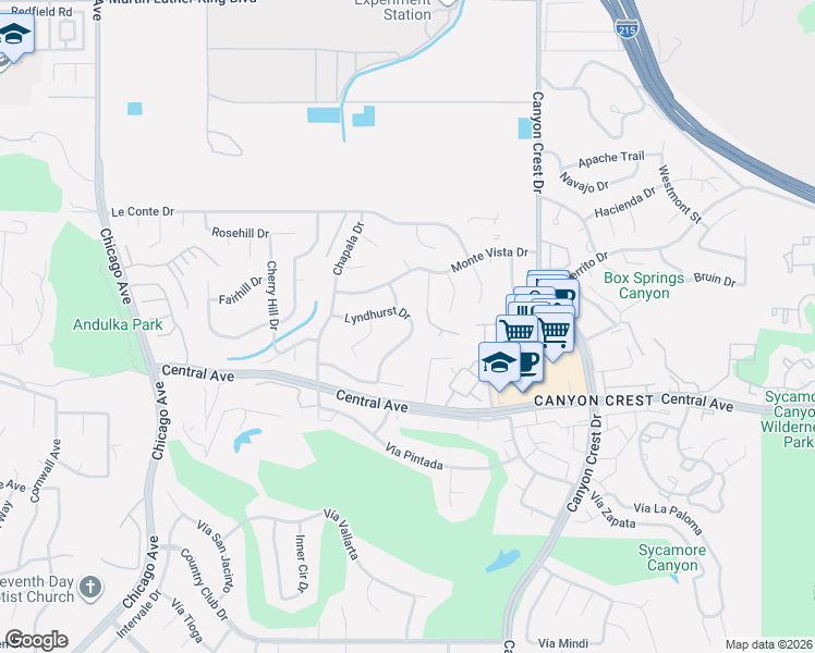 map of restaurants, bars, coffee shops, grocery stores, and more near 1177 Lyndhurst Drive in Riverside