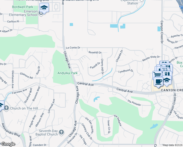 map of restaurants, bars, coffee shops, grocery stores, and more near 1448 Cedarhill Drive in Riverside