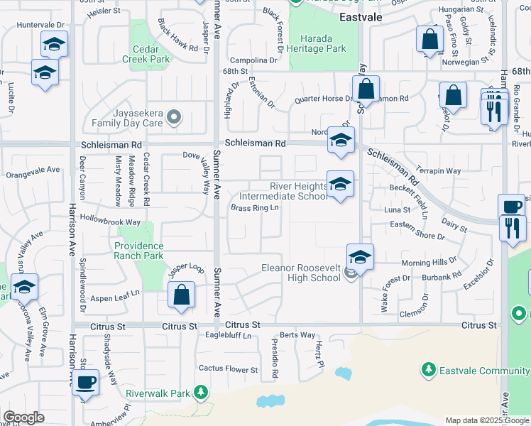 map of restaurants, bars, coffee shops, grocery stores, and more near 7200 Canopy Lane in Eastvale