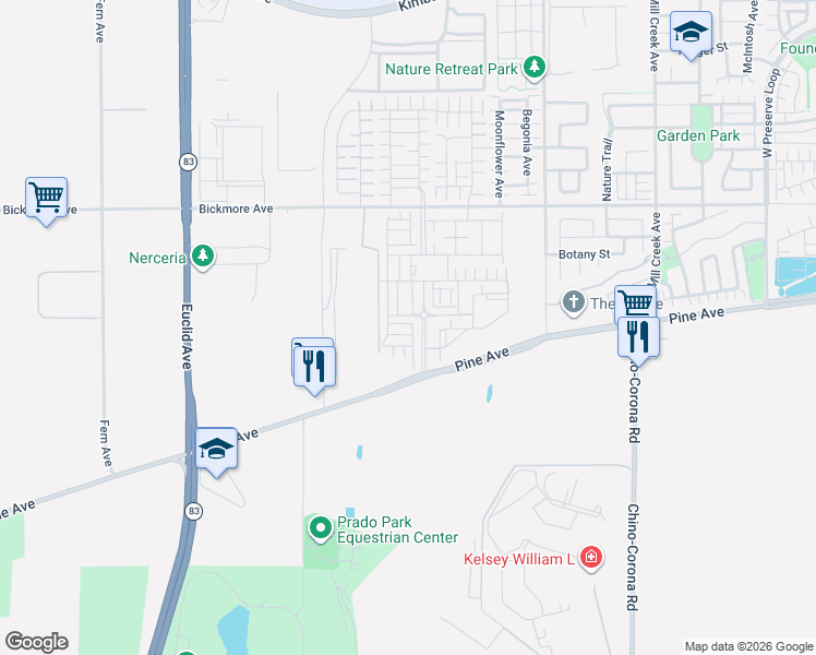 map of restaurants, bars, coffee shops, grocery stores, and more near 16301 Meadowhouse Avenue in Chino