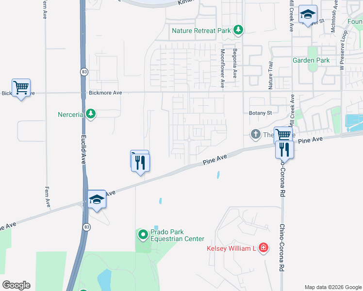 map of restaurants, bars, coffee shops, grocery stores, and more near 16301 Meadowhouse Avenue in Chino