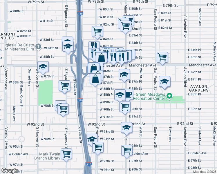 map of restaurants, bars, coffee shops, grocery stores, and more near 212 West 88th Street in Los Angeles