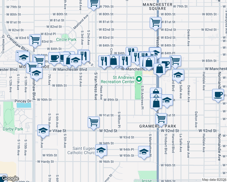 map of restaurants, bars, coffee shops, grocery stores, and more near 8835 South Wilton Place in Los Angeles