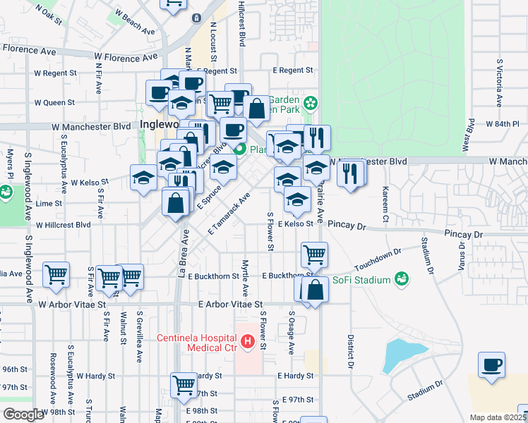 map of restaurants, bars, coffee shops, grocery stores, and more near 550 South Flower Street in Inglewood