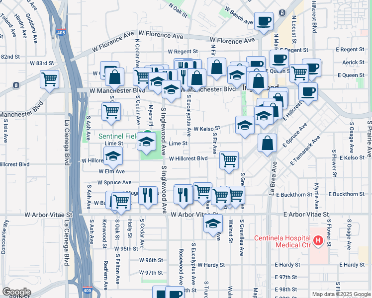 map of restaurants, bars, coffee shops, grocery stores, and more near 323 West Hillcrest Boulevard in Inglewood