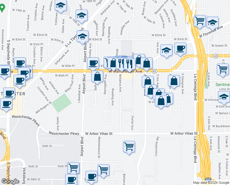 map of restaurants, bars, coffee shops, grocery stores, and more near 8828 Reading Avenue in Los Angeles