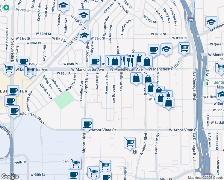 map of restaurants, bars, coffee shops, grocery stores, and more near 8828 Reading Avenue in Los Angeles