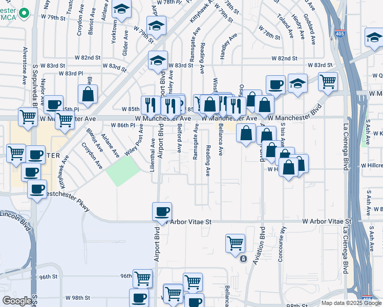 map of restaurants, bars, coffee shops, grocery stores, and more near 8827 Ramsgate Avenue in Los Angeles