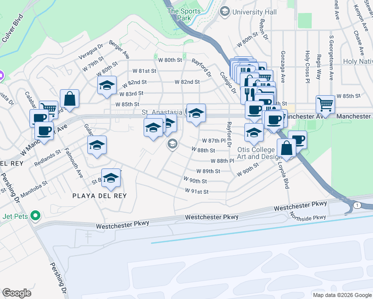 map of restaurants, bars, coffee shops, grocery stores, and more near 7519 West 88th Place in Los Angeles