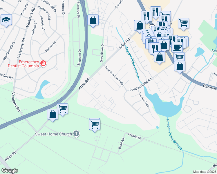 map of restaurants, bars, coffee shops, grocery stores, and more near 144 Springway Drive in Columbia
