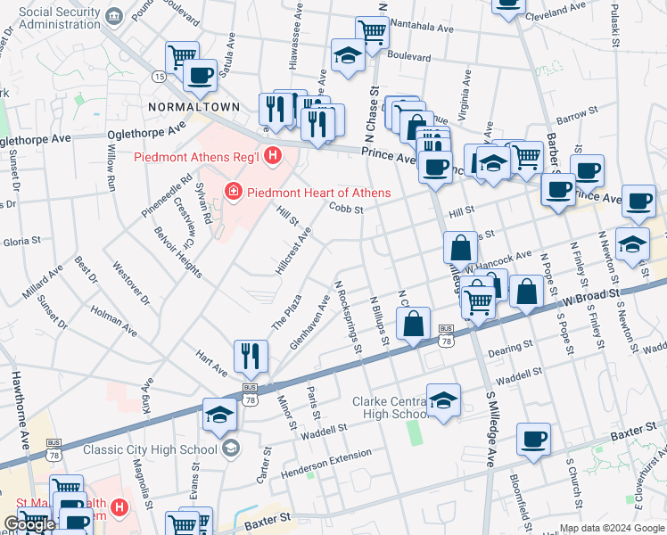 map of restaurants, bars, coffee shops, grocery stores, and more near 230 Indale Avenue in Athens