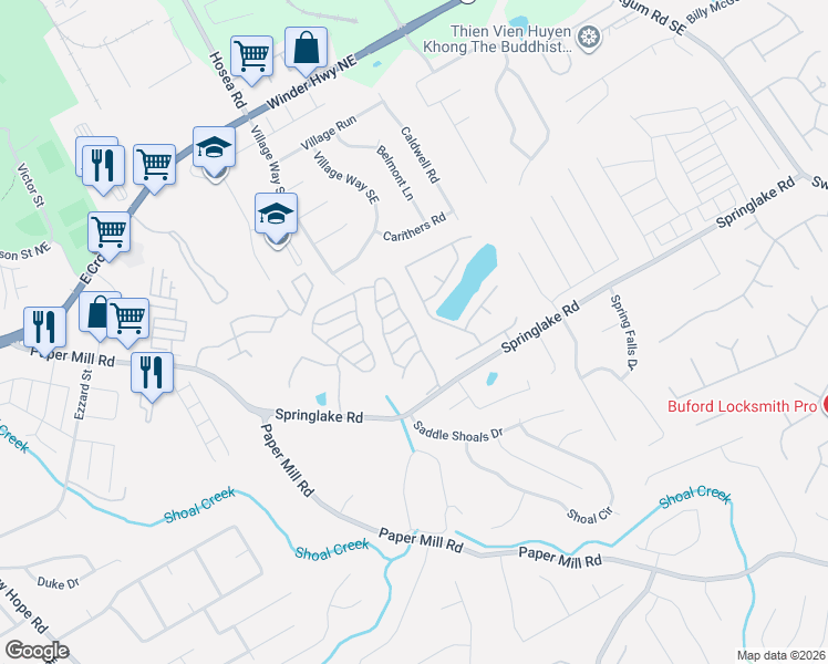 map of restaurants, bars, coffee shops, grocery stores, and more near 228 Springbottom Drive Southeast in Lawrenceville