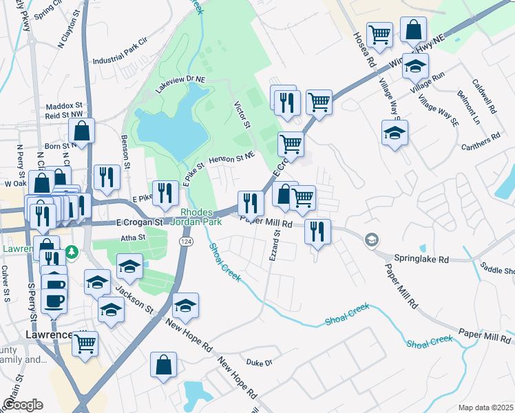 map of restaurants, bars, coffee shops, grocery stores, and more near 155 East Crogan Street in Lawrenceville
