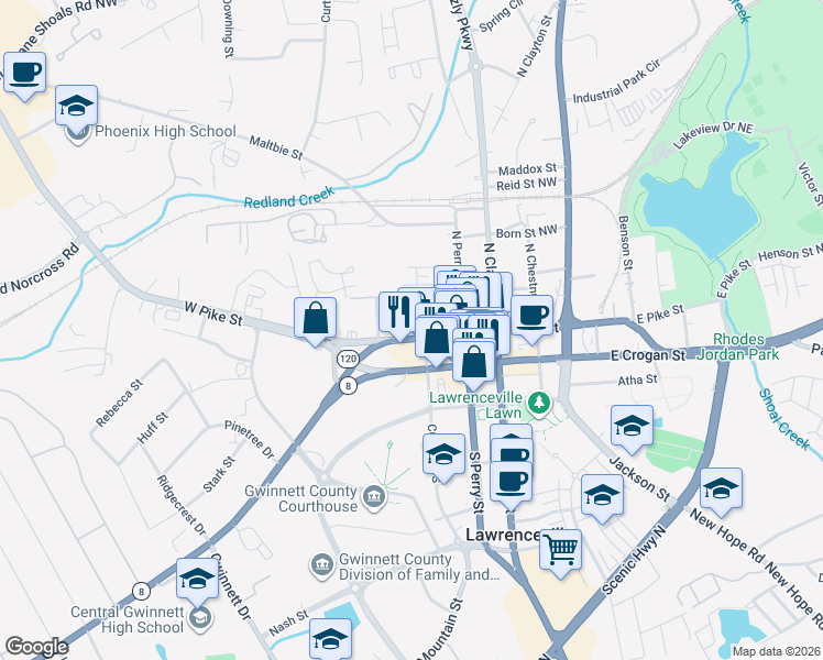 map of restaurants, bars, coffee shops, grocery stores, and more near 260 West Pike Street in Lawrenceville