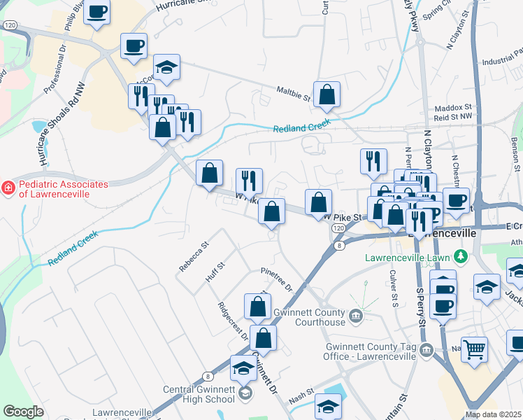 map of restaurants, bars, coffee shops, grocery stores, and more near 368 West Pike Street in Lawrenceville