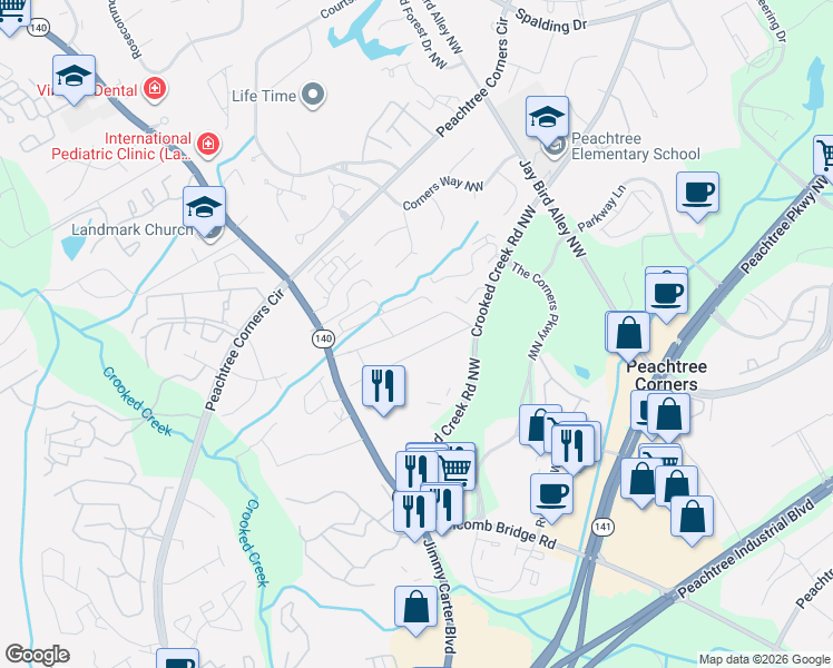map of restaurants, bars, coffee shops, grocery stores, and more near 6197 Willow Run Court in Norcross