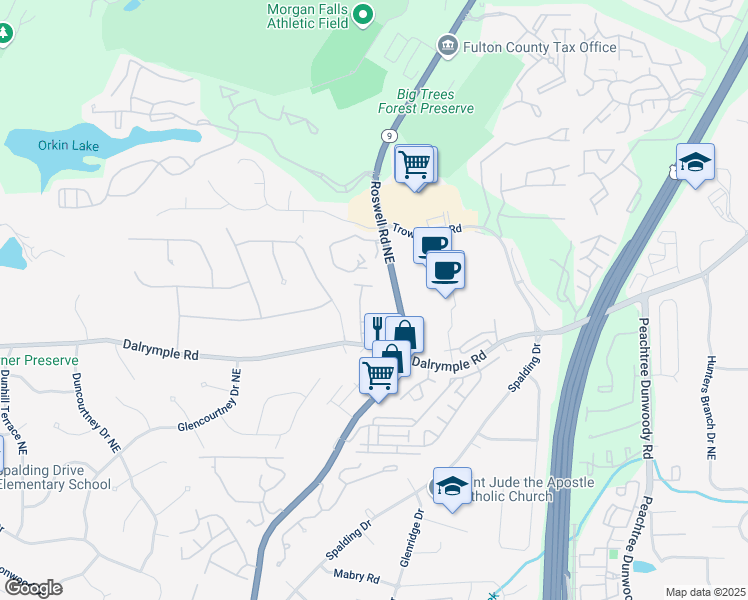 map of restaurants, bars, coffee shops, grocery stores, and more near 602 Brighton Point in Sandy Springs