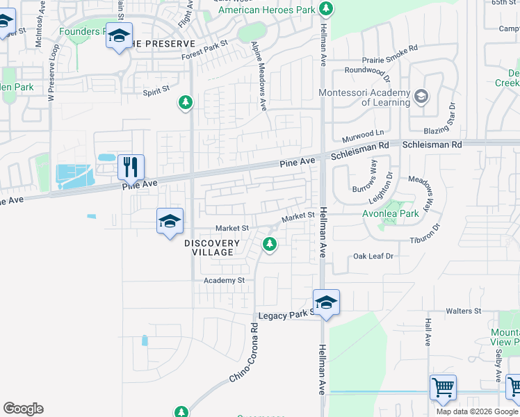 map of restaurants, bars, coffee shops, grocery stores, and more near 16250 Homecoming Drive in Chino