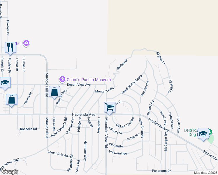 map of restaurants, bars, coffee shops, grocery stores, and more near 68020 Monterico Road in Desert Hot Springs