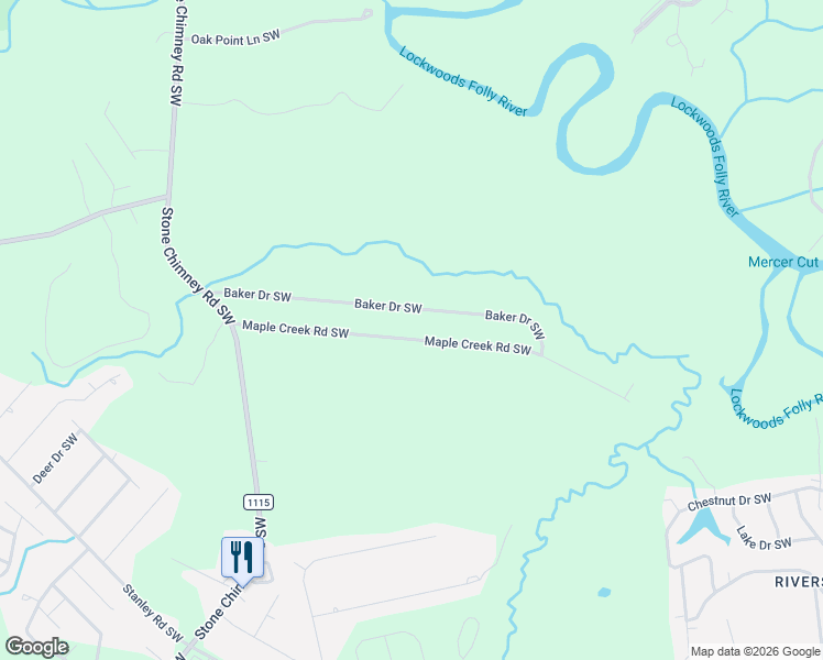 map of restaurants, bars, coffee shops, grocery stores, and more near 323 Maple Creek Road Southwest in Brunswick County