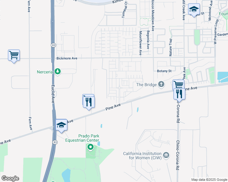 map of restaurants, bars, coffee shops, grocery stores, and more near 16321 Sandpiper Avenue in Chino