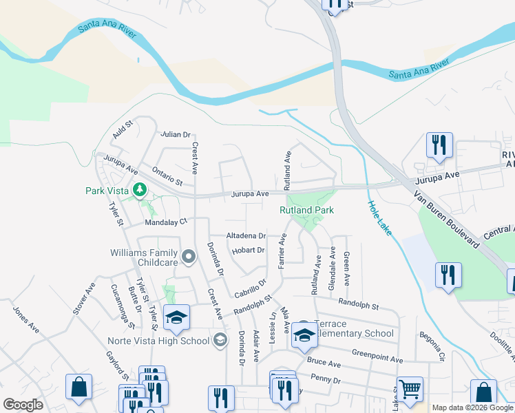 map of restaurants, bars, coffee shops, grocery stores, and more near 6999 Biscayne Avenue in Riverside