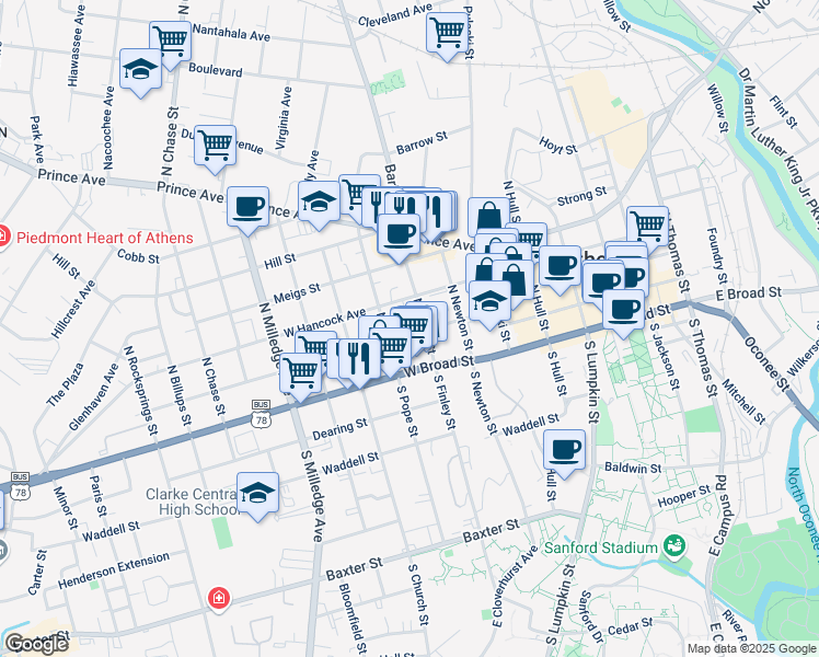 map of restaurants, bars, coffee shops, grocery stores, and more near 346 Reese Street in Athens