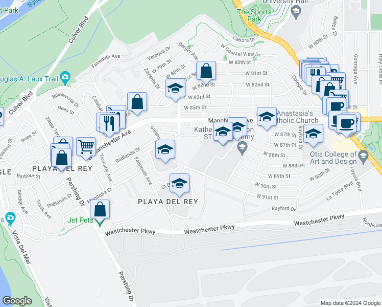 map of restaurants, bars, coffee shops, grocery stores, and more near 7777 West 91st Street in Los Angeles