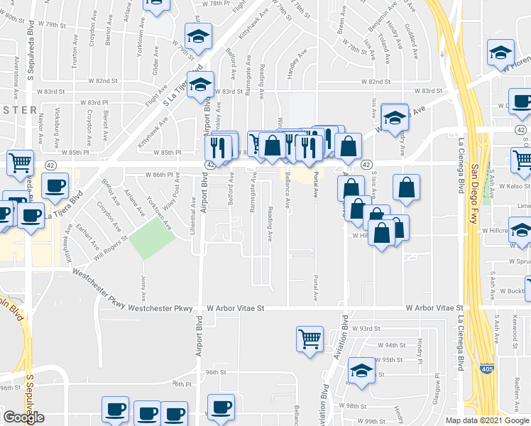 map of restaurants, bars, coffee shops, grocery stores, and more near 8811 Reading Avenue in Los Angeles