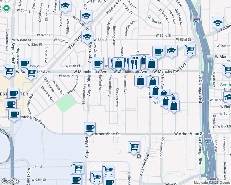 map of restaurants, bars, coffee shops, grocery stores, and more near 8811 Reading Avenue in Los Angeles