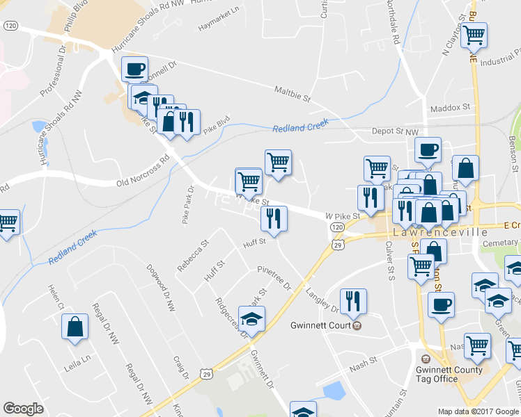 map of restaurants, bars, coffee shops, grocery stores, and more near 368 West Pike Street in Lawrenceville