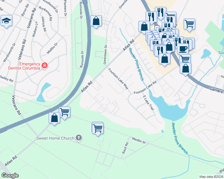 map of restaurants, bars, coffee shops, grocery stores, and more near 144 Springway Drive in Columbia