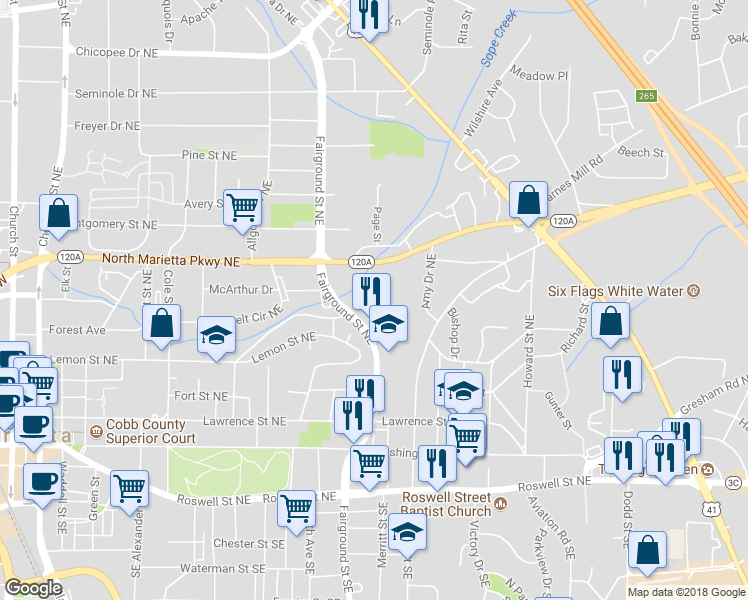 map of restaurants, bars, coffee shops, grocery stores, and more near 236 Fairground Street North in Marietta