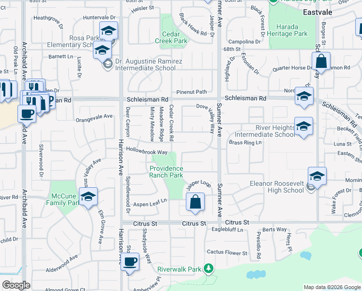 map of restaurants, bars, coffee shops, grocery stores, and more near 13571 Canyon Crest Way in Corona