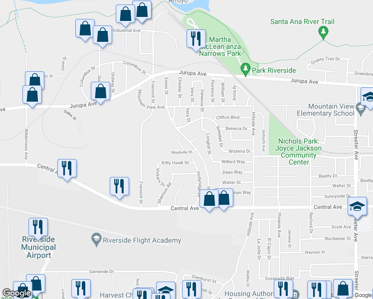 map of restaurants, bars, coffee shops, grocery stores, and more near 5953 Maybelle Street in Riverside