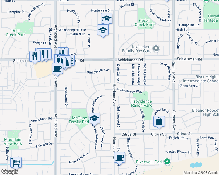 map of restaurants, bars, coffee shops, grocery stores, and more near 13828 Champion Way in Eastvale
