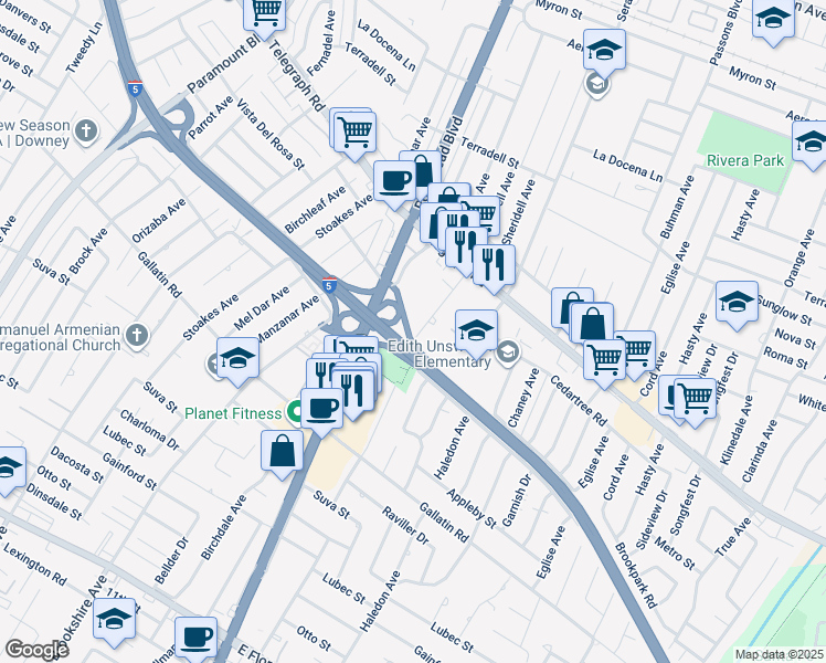 map of restaurants, bars, coffee shops, grocery stores, and more near 9017 Arrington Avenue in Downey