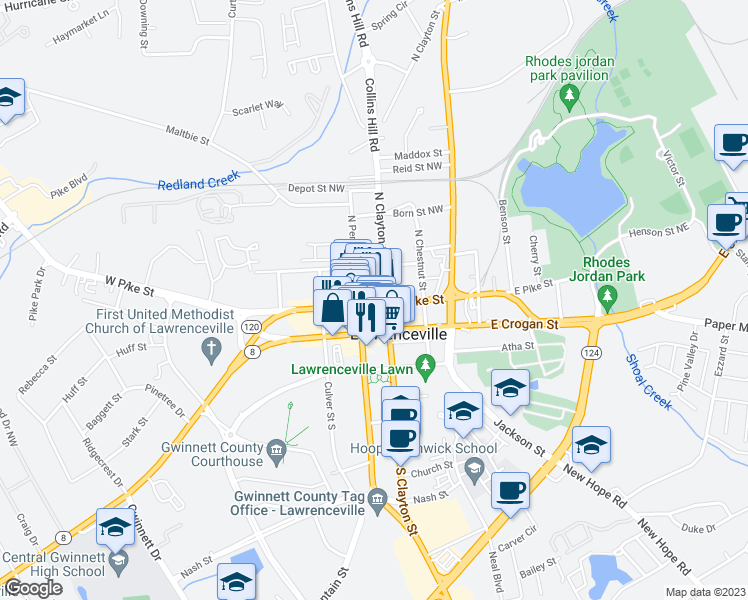 map of restaurants, bars, coffee shops, grocery stores, and more near 169 West Pike Street in Lawrenceville
