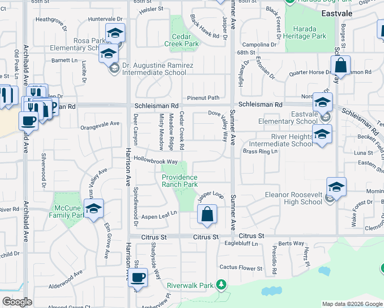 map of restaurants, bars, coffee shops, grocery stores, and more near 13571 Canyon Crest Way in Corona