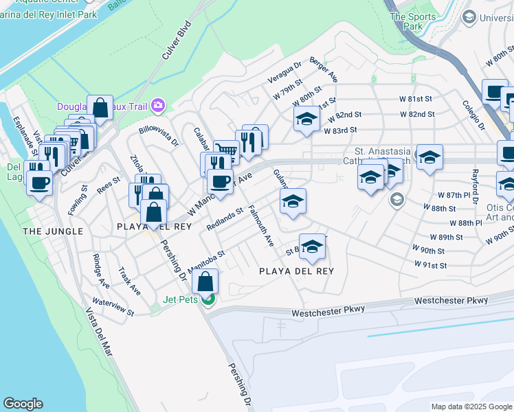 map of restaurants, bars, coffee shops, grocery stores, and more near 8050 Redlands Street in Los Angeles