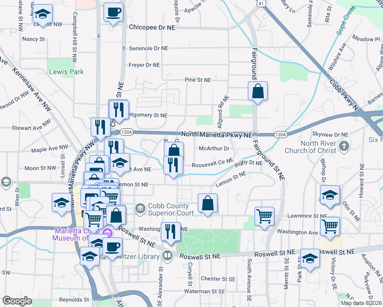 map of restaurants, bars, coffee shops, grocery stores, and more near 230 Cole Street Northeast in Marietta